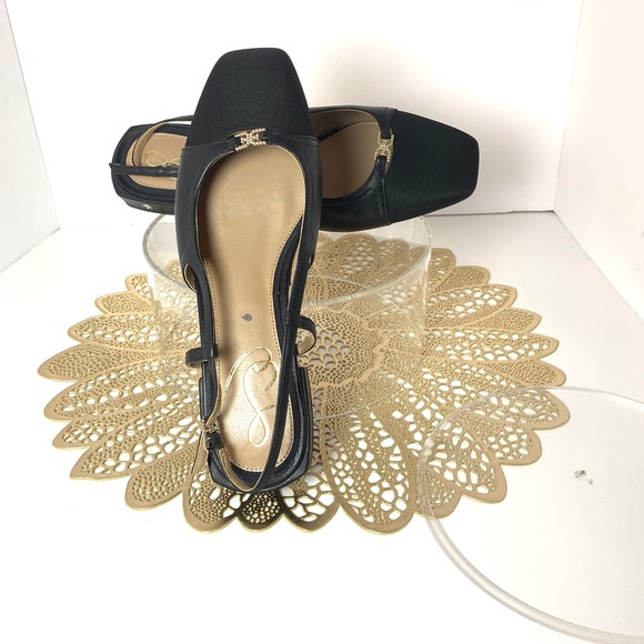 Sam Edelman Black Leather Square Toe Slingback Flats Gold Logo Size 9.5 - Picture 2 of 6